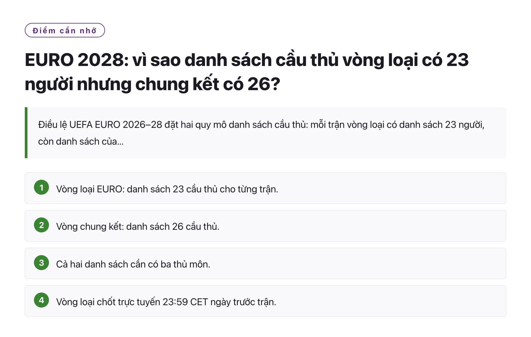 EURO 2028: vì sao danh sách cầu thủ vòng loại có 23 người nhưng chung kết có 26?——全文要点速览