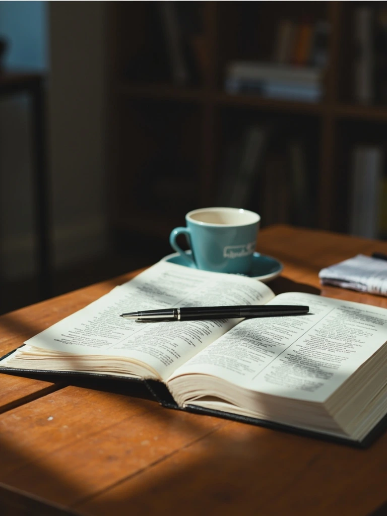 An open directory volume on a curator's desk, fountain pen across the page