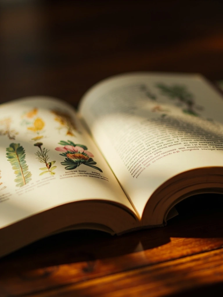 An open nineteenth-century illustrated book photographed on a wooden desk